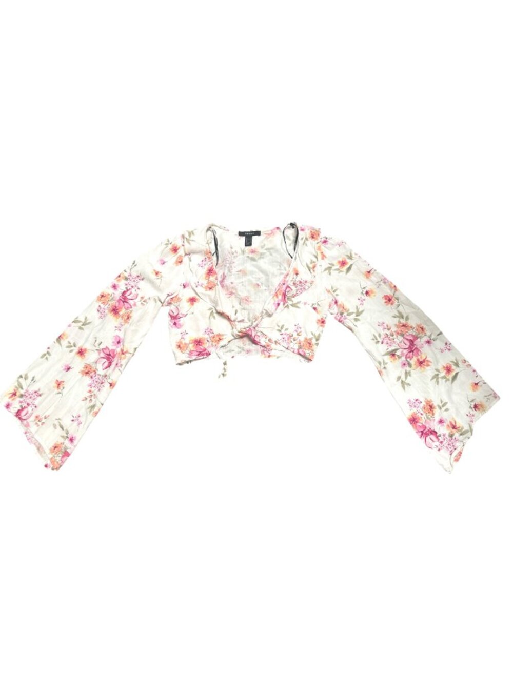 Forever 21 Size M Ivory Pink Floral Tie Front Crop Top Coquette Cottagecore Boho - Picture 8 of 8